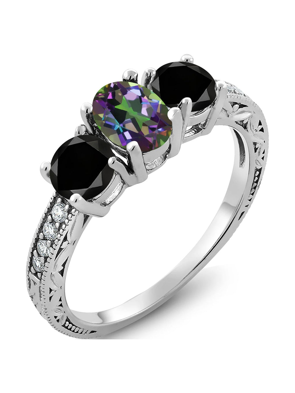 Oval Green Mystic Topaz Black Diamond 925 Sterling Silver Ring H57335