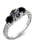 Oval Green Mystic Topaz Black Diamond 925 Sterling Silver Ring H57335