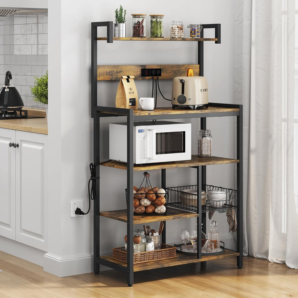 Rustic Brown 5-Tier Bakers Rack with Power Outlet J31143