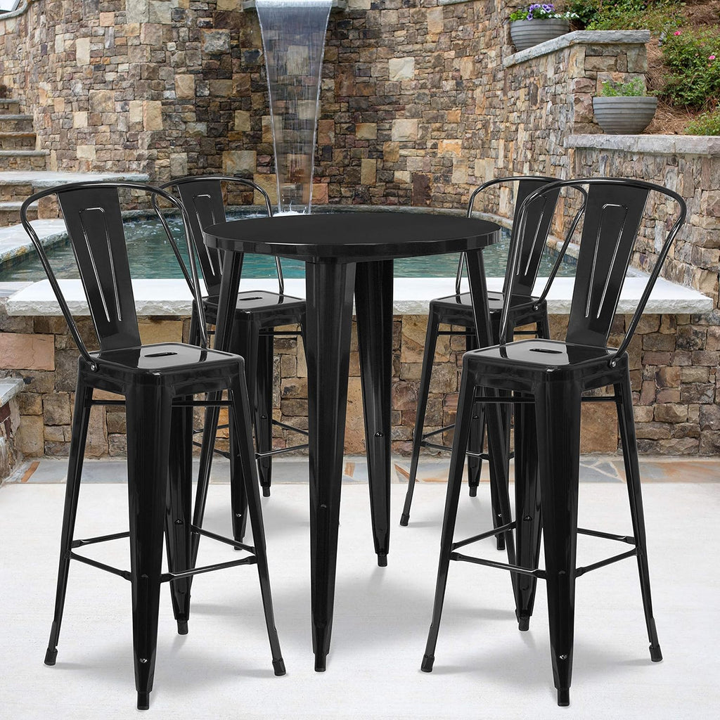 30 Round Silver Metal Bar Table Set with 4 Cafe Stools O615534