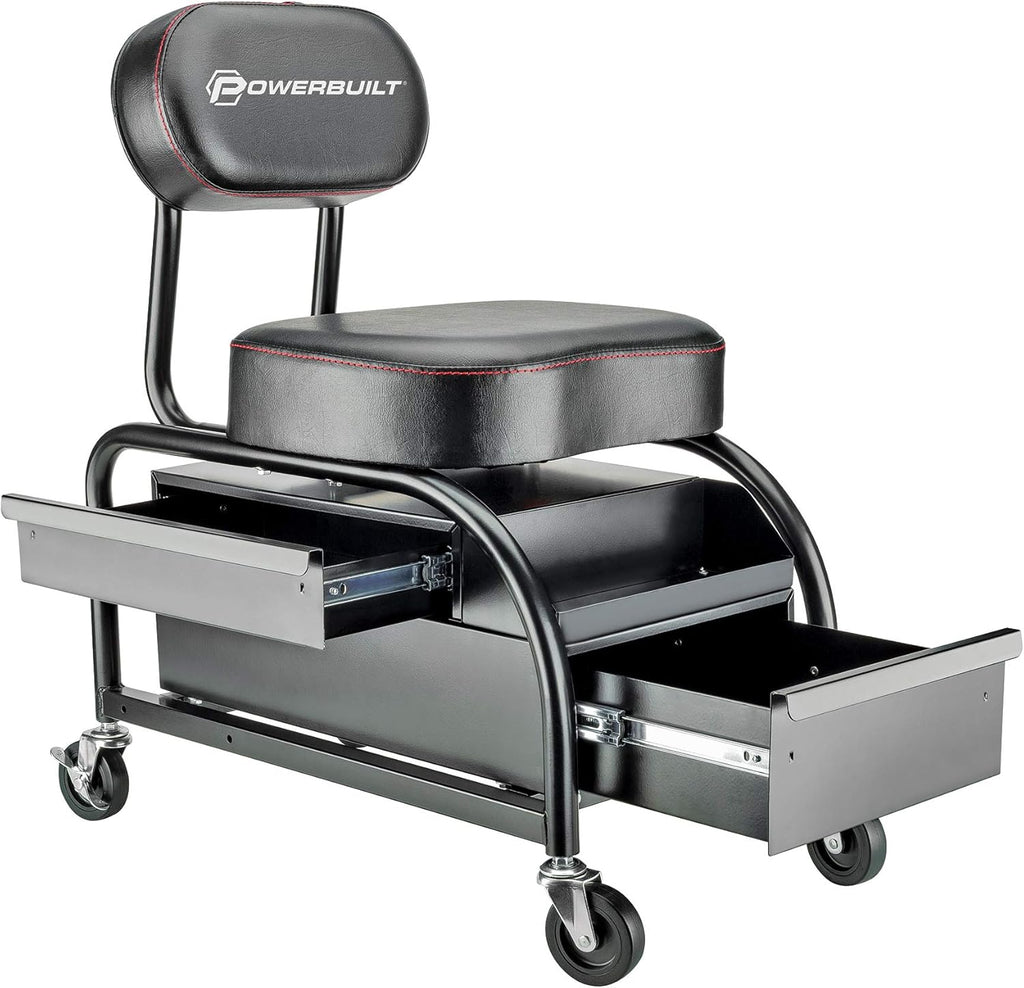 Heavy Duty Roller Seat with Padded Seat and Backrest, 2 Storage Drawers O704910