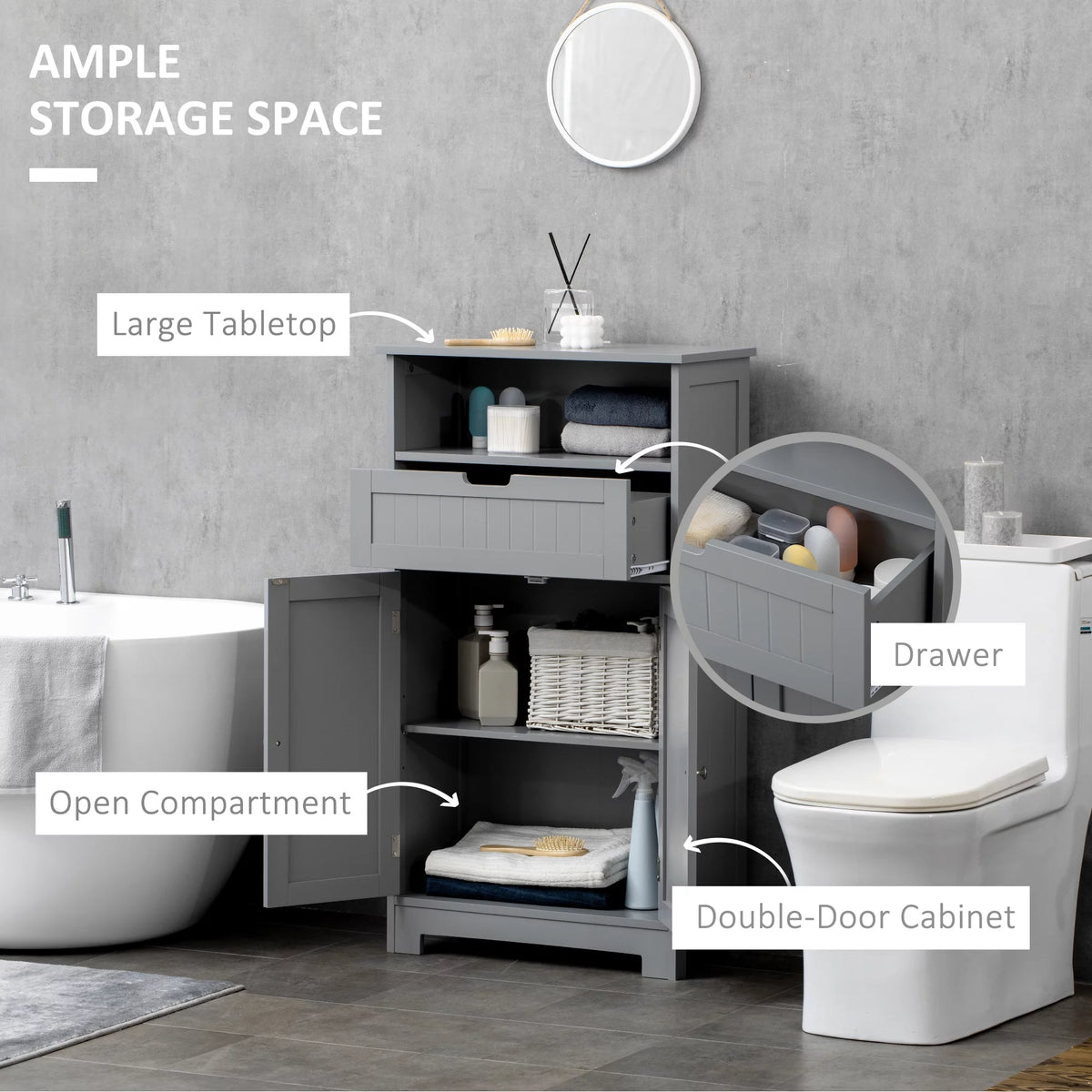 Grey Freestanding Bathroom Storage Cabinet with Drawer and Adjustable Shelf E4185