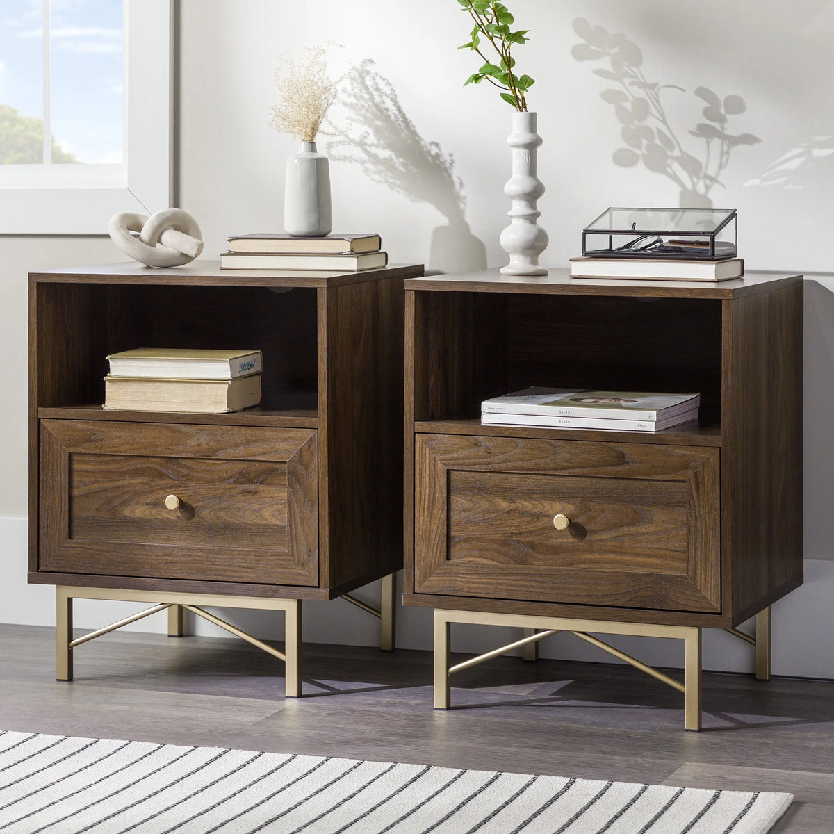 Modern Single Drawer Nightstand, Set of 2, Dark Walnut E4985