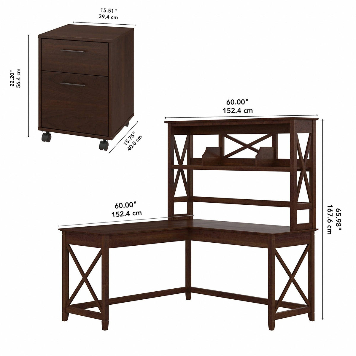 Linen White Oak L Shaped Desk with Hutch and 2 Drawer Mobile File Cabinet E3568