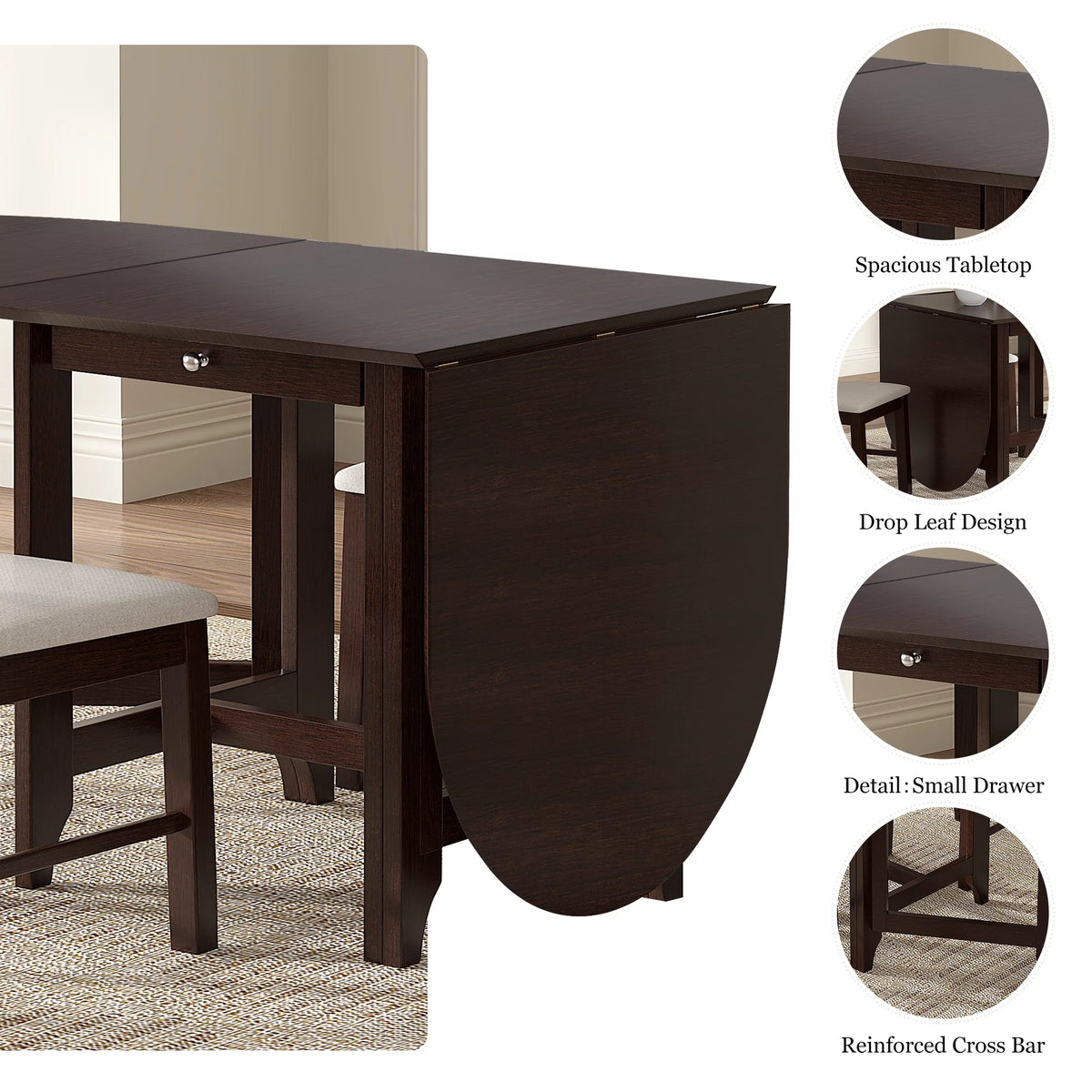 Drop-Leaf Rubberwood Dining Table with Drawer Dark Cappuccino N687