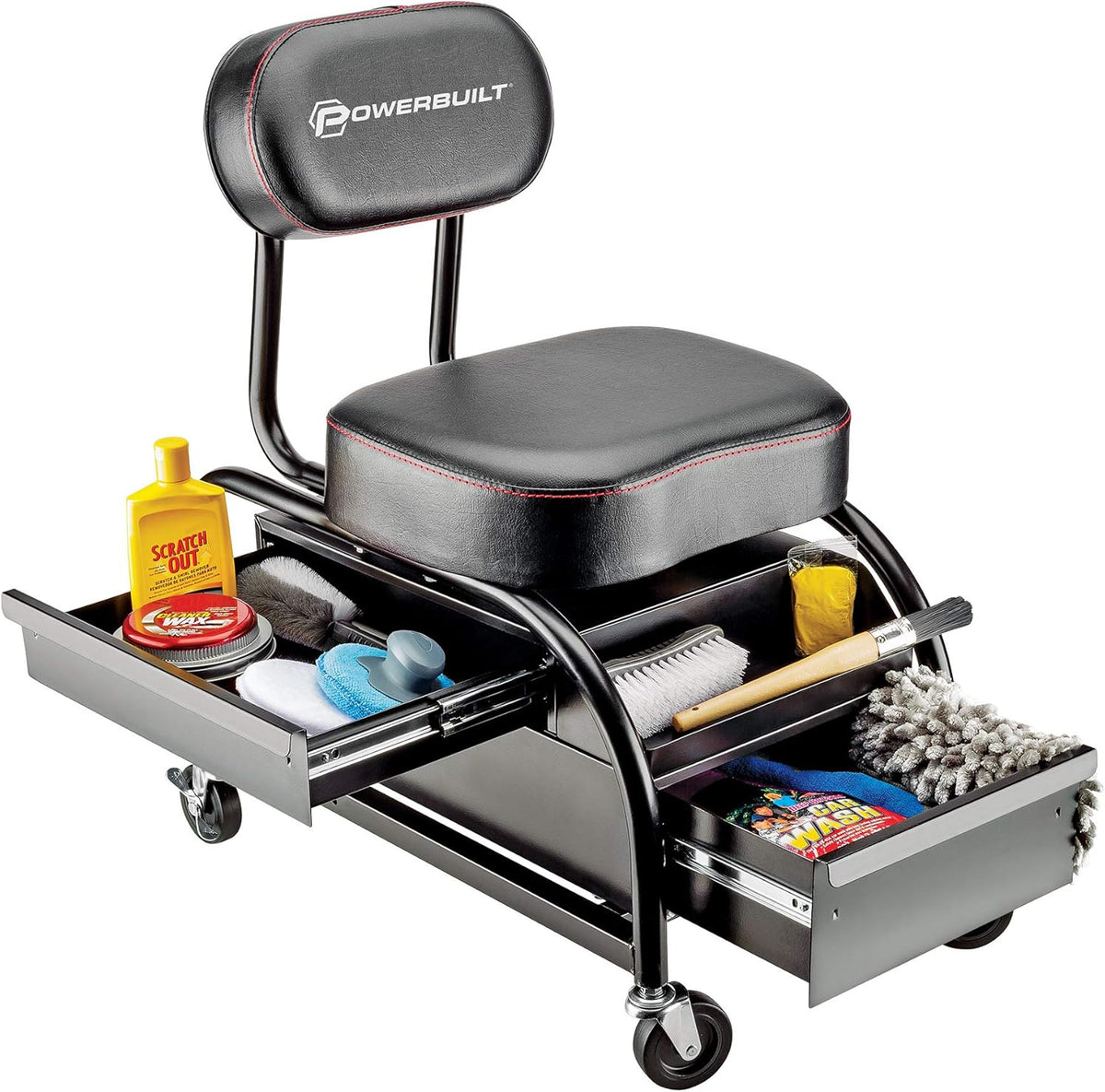 Heavy Duty Roller Seat with Padded Seat and Backrest, 2 Storage Drawers O704910