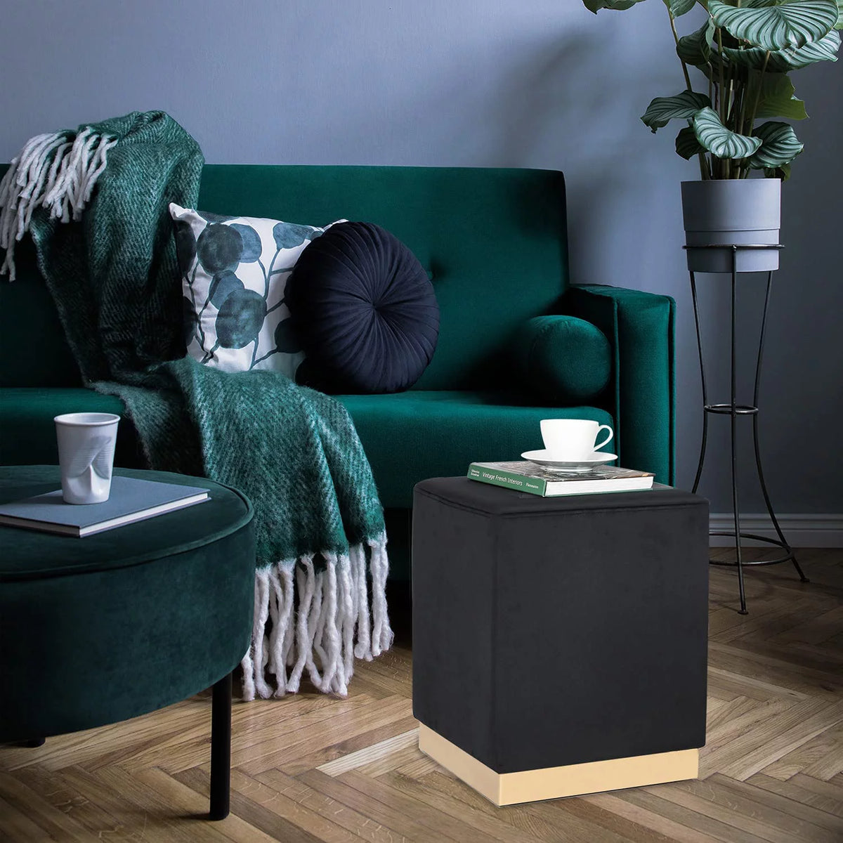 Black Velvet Square Ottoman H187115