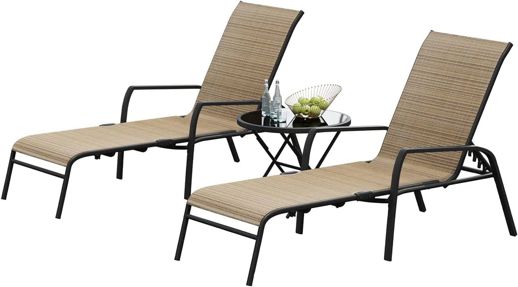 3 Pcs Adjustable Steel Outdoor Chaise Lounge Set with Tempered Glass K572370