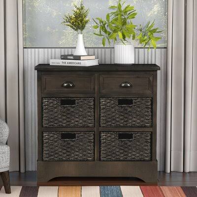 White Washed Storage Cabinet with Two Drawers and Four Rattan Basket S803811