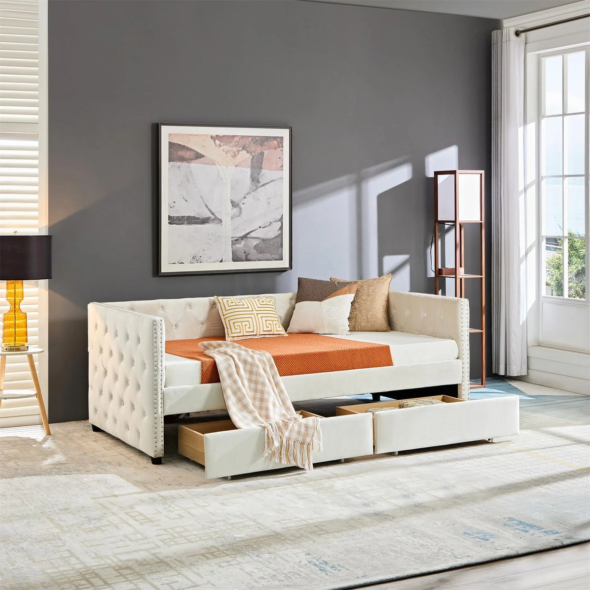 Velvet Upholstered Daybed with 2 Storage Drawers W57328