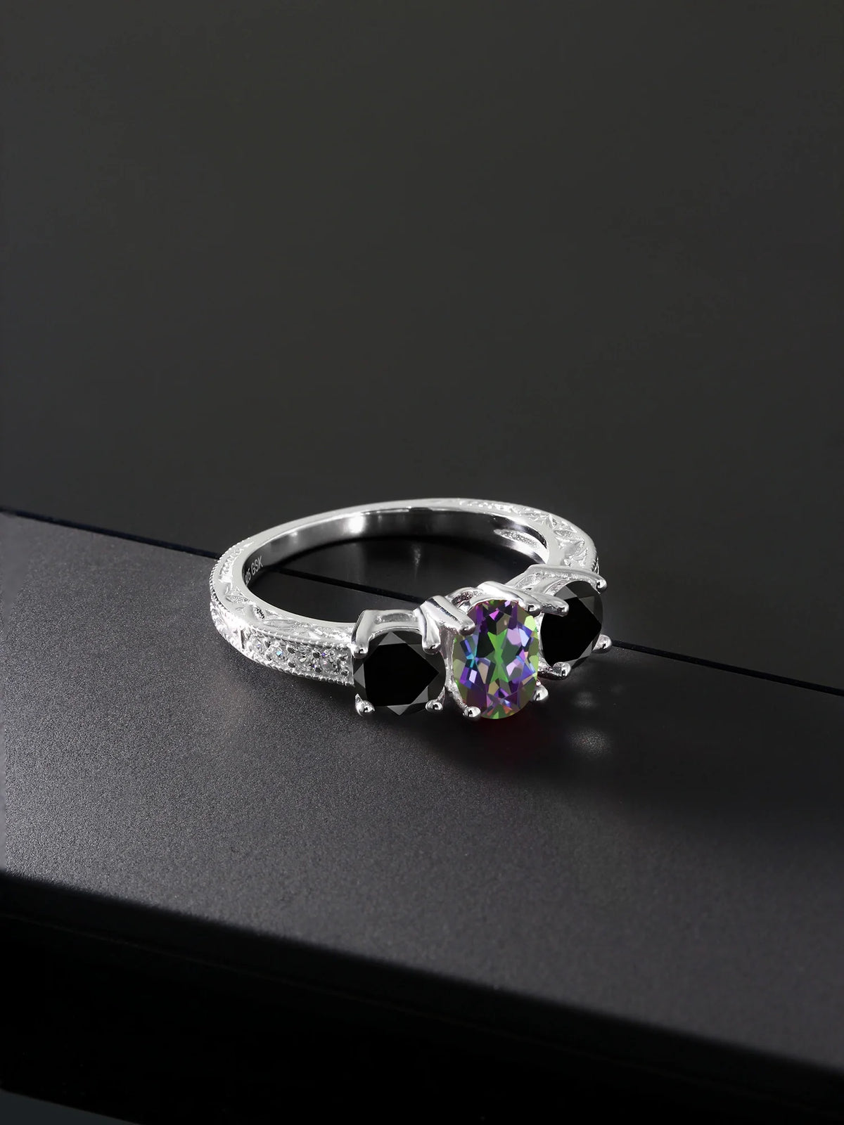 Oval Green Mystic Topaz Black Diamond 925 Sterling Silver Ring H57335