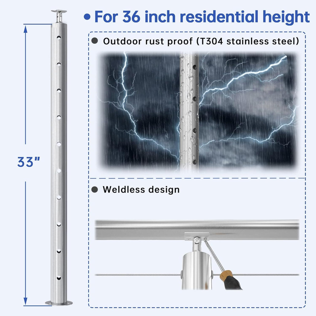 2Pack Stainless Steel Cable Railing Post Round 36x2.36 Surface Mount G2393