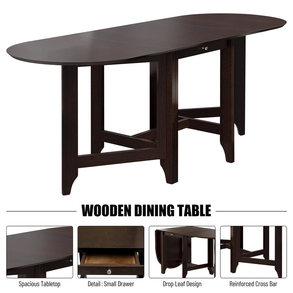 Drop-Leaf Rubberwood Dining Table with Drawer Dark Cappuccino N687
