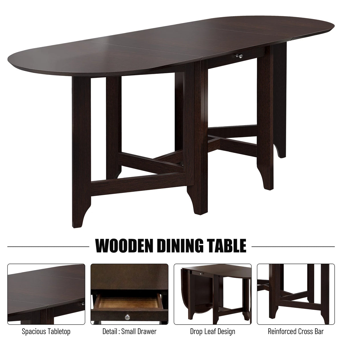 Drop-Leaf Rubberwood Dining Table with Drawer Dark Cappuccino N687