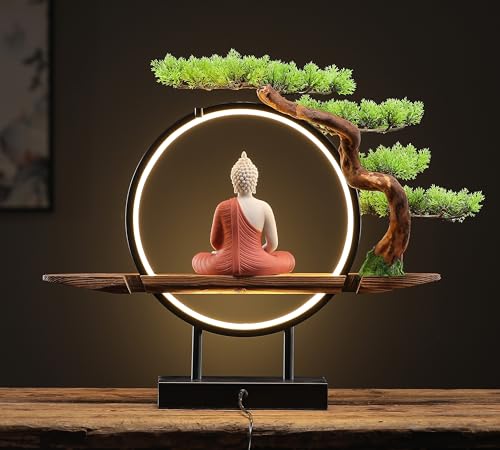 White Ceramic Buddha Statue with Green Artificial Tree and LED Circle Table Lamp, 16.5 in E362030