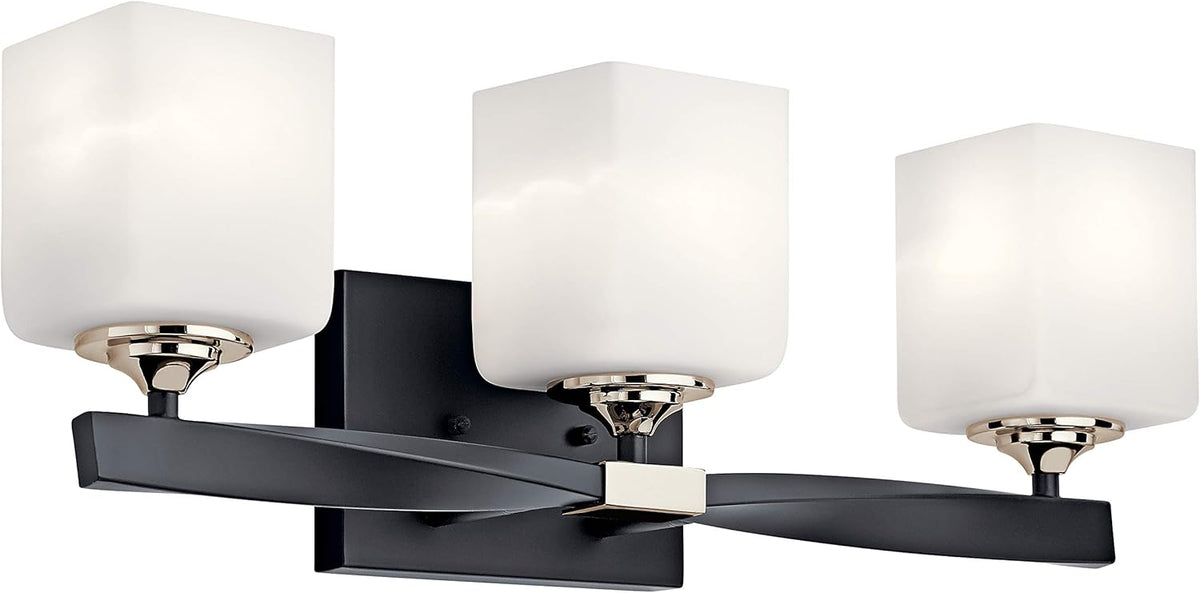 3 Light Vanity Light with Satin Etched Cased Opal Glass in Black J2473