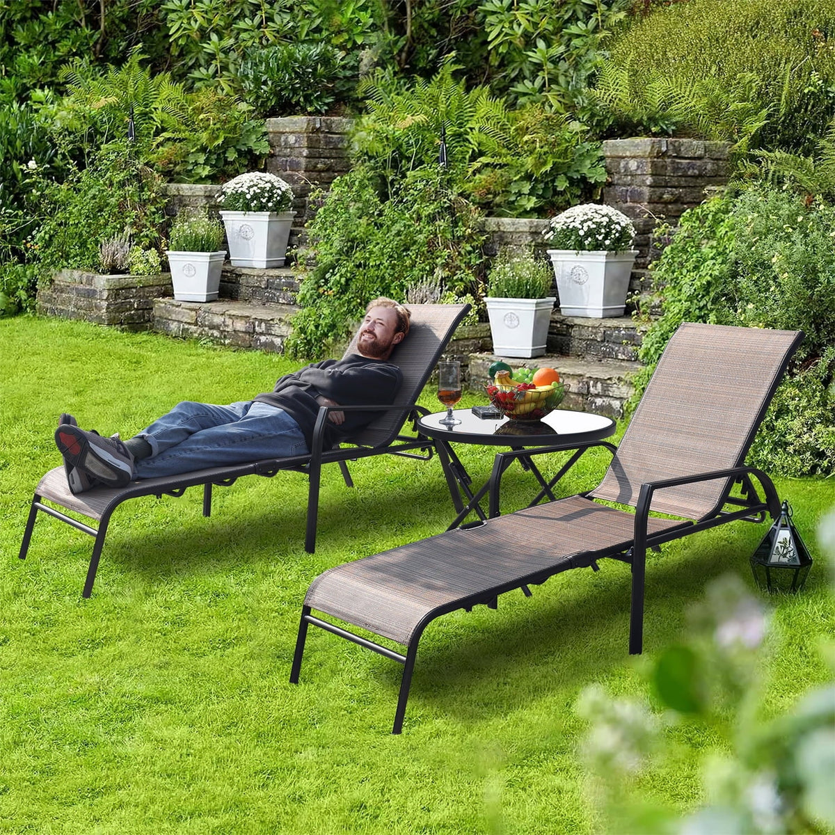 3 Pcs Adjustable Steel Outdoor Chaise Lounge Set with Tempered Glass K572370
