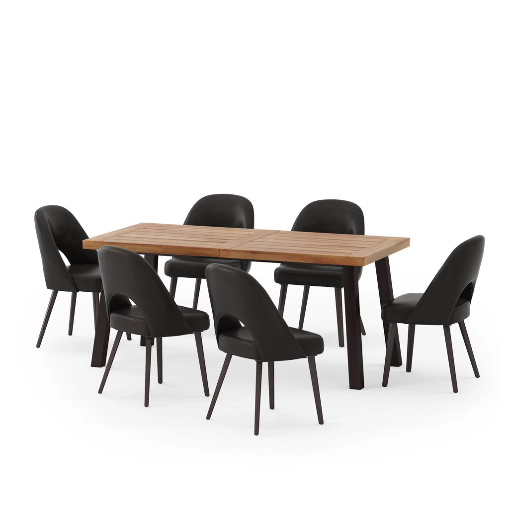 7 Piece Faux Leather Metal Wood Dining Set J4648