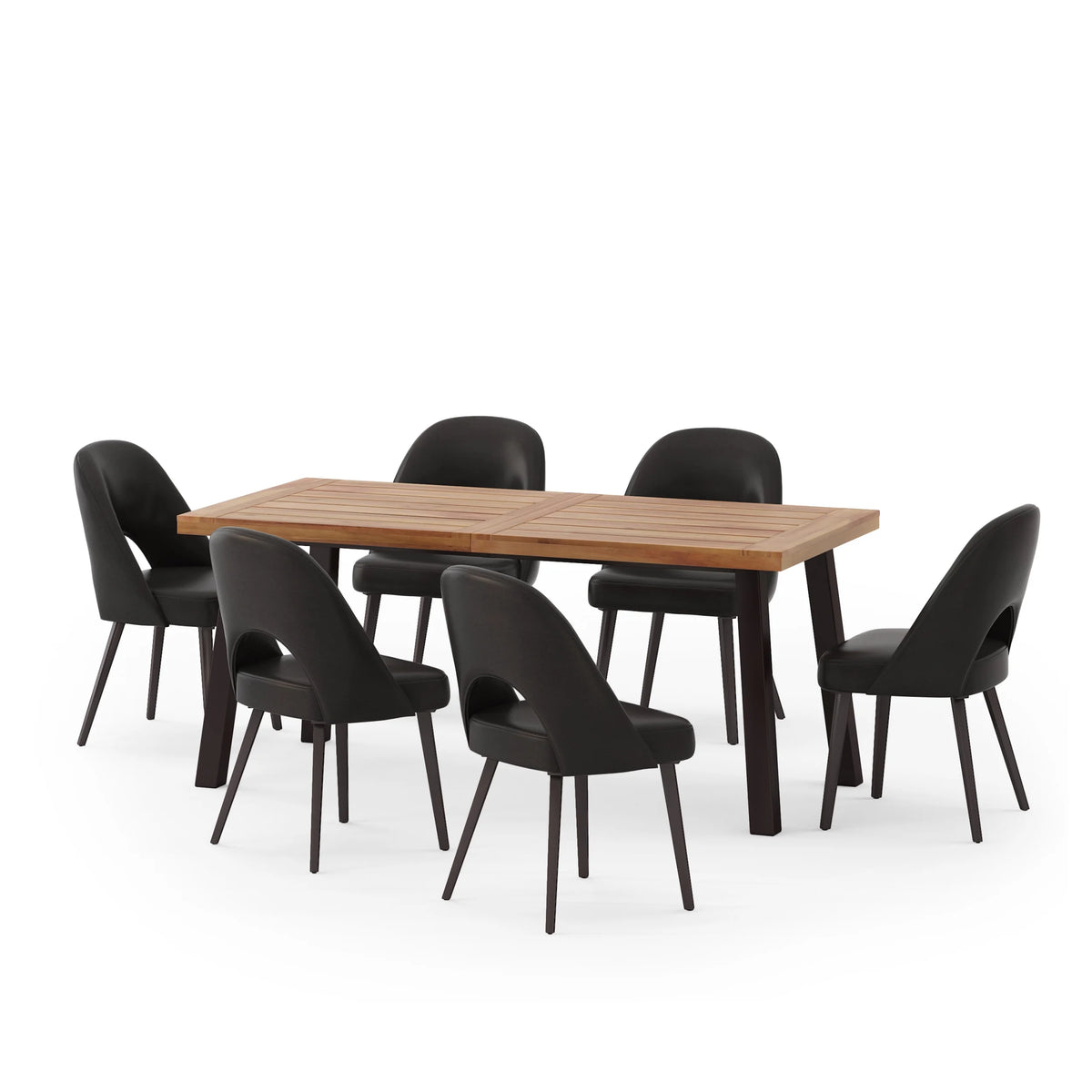 7 Piece Faux Leather Metal Wood Dining Set J4648