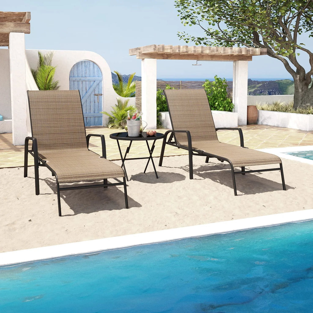3 Pcs Adjustable Steel Outdoor Chaise Lounge Set with Tempered Glass K572370