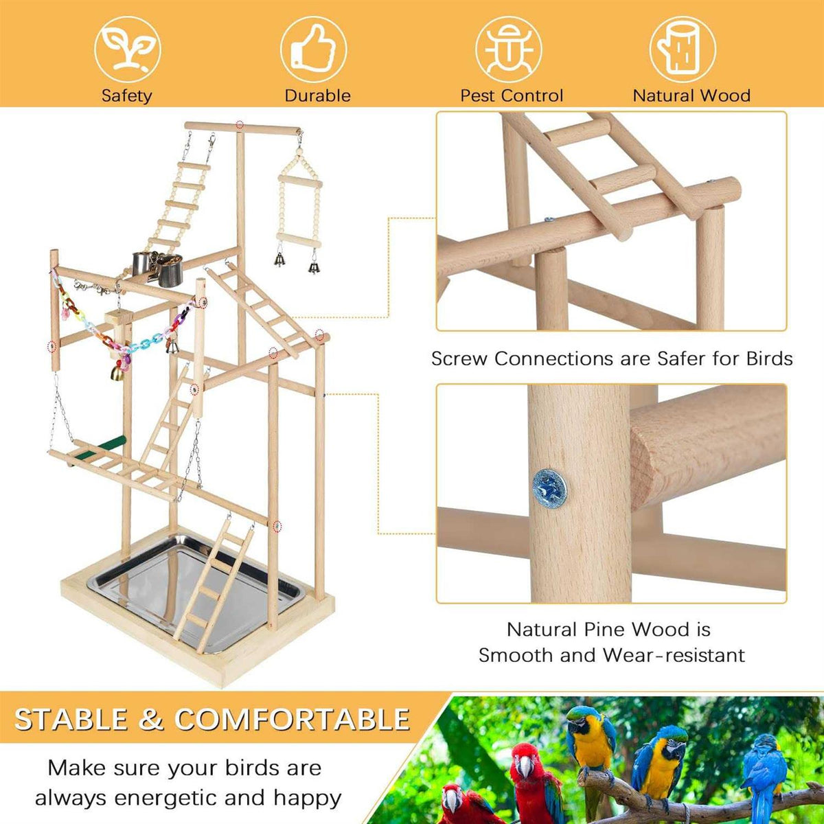 Wood Bird Playstand with Feeder Cups and Bells M3294