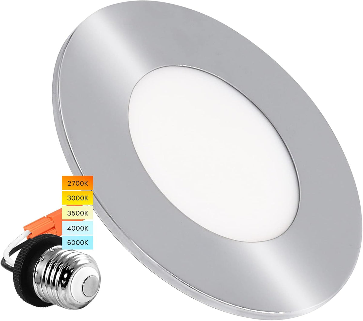 4 Inch LED Recessed Ceiling Light, 5 Color Selectable 2700K-5000K, Dimmable, 500 LM, Chrome I1144