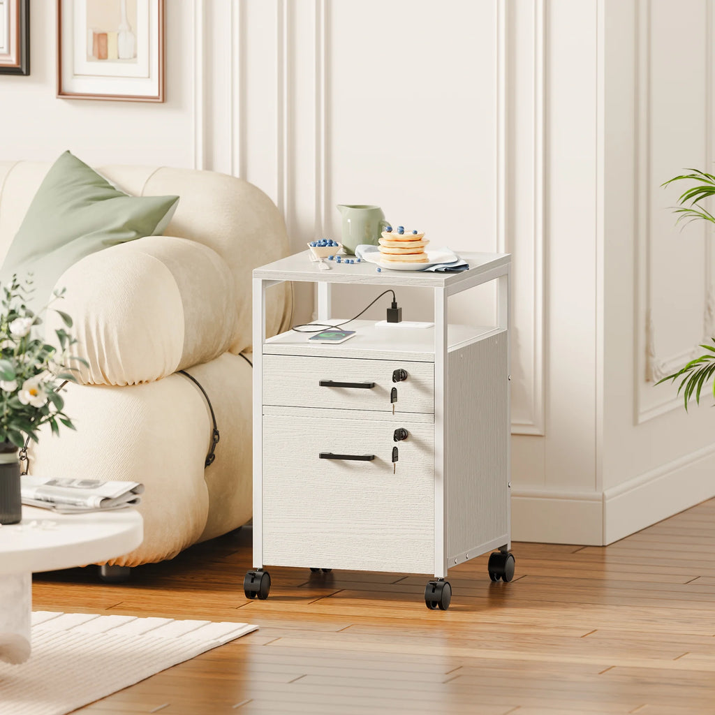 White 2 Drawer Mobile File Cabinet with Lock and Charging Station J65394