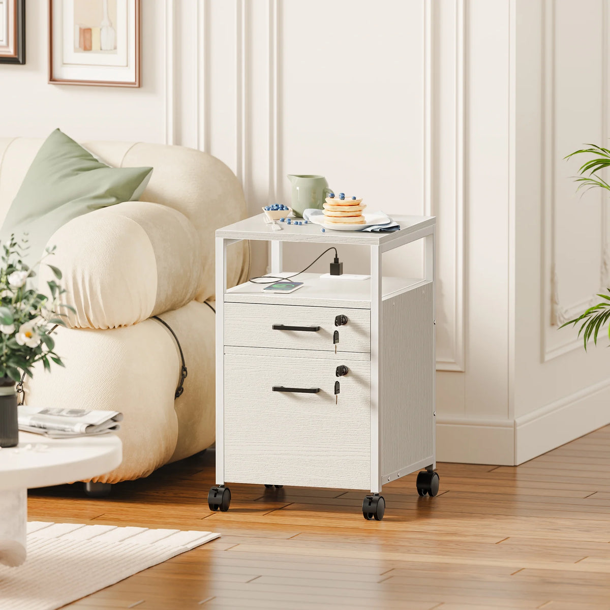 White 2 Drawer Mobile File Cabinet with Lock and Charging Station J65394