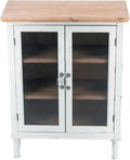 Rustic Farmhouse Buffet Sideboard Storage Cabinet with 2 Glass Doors, 3 Shelves, Natural Wood Top, Distressed White Cabinet, 42 H O8678