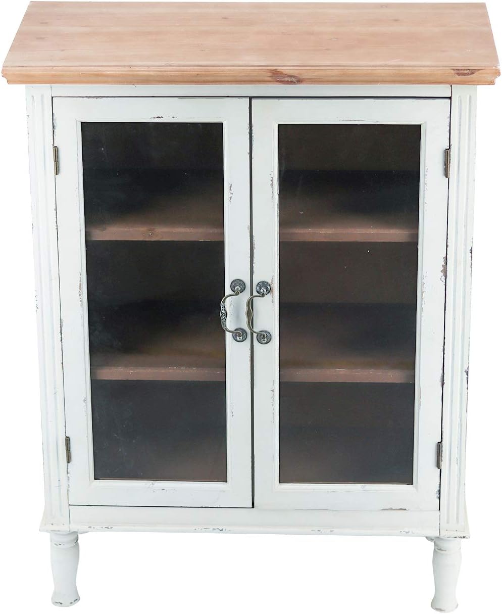 Rustic Farmhouse Buffet Sideboard Storage Cabinet with 2 Glass Doors, 3 Shelves, Natural Wood Top, Distressed White Cabinet, 42 H O8678