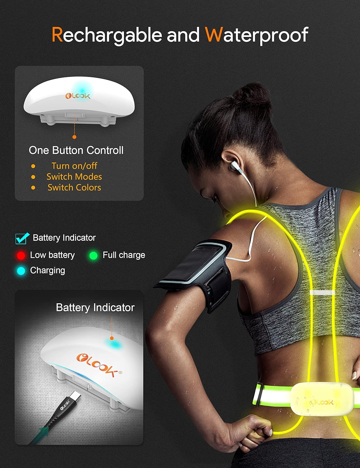 High Visibility LED Light Up Vest, 360° Reflective Safety Gear, Rechargeable Waterproof, L-Green B549
