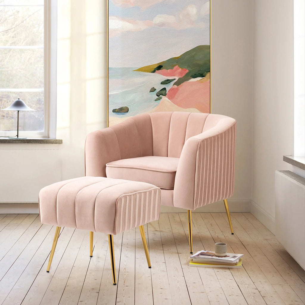 Pink Velvet Armchair with Ottoman Set O112358