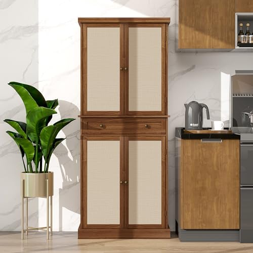 Tall Cabinet with 4 Rattan Doors and 1 Drawers, Adjustable Shelves (Walnut) R94023