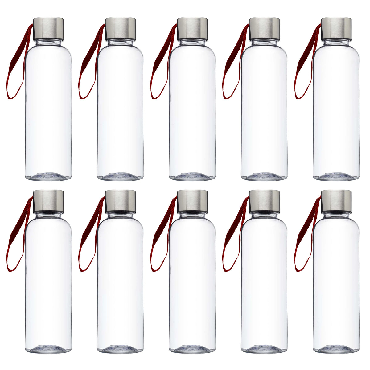 Red 17 oz Plastic Water Bottles with Strap, Set of 10 C108074