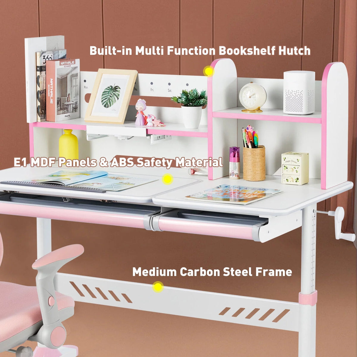 Adjustable Kids Desk and Chair Set with Hutch and 2 Storage Drawers V600
