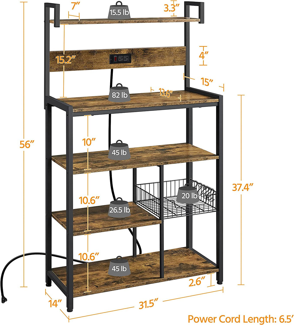 Rustic Brown 5-Tier Bakers Rack with Power Outlet J31143