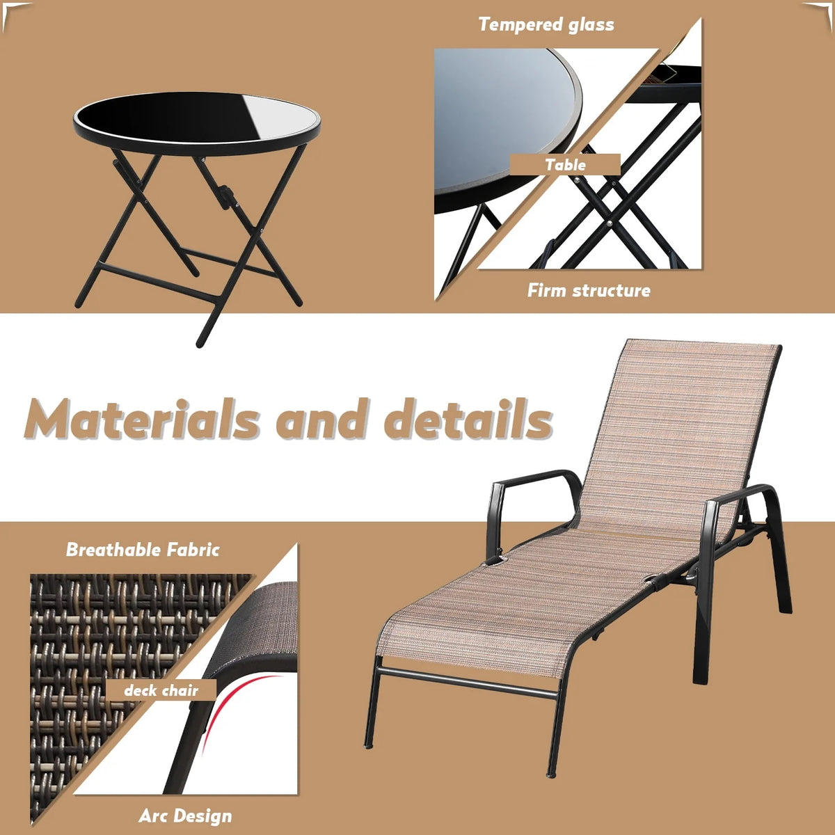 3 Pcs Adjustable Steel Outdoor Chaise Lounge Set with Tempered Glass K572370