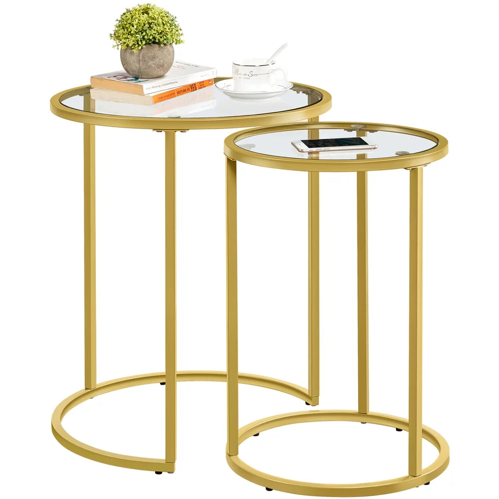 Round Nesting End Table Set with Metal Frame and Glass Top Q9014