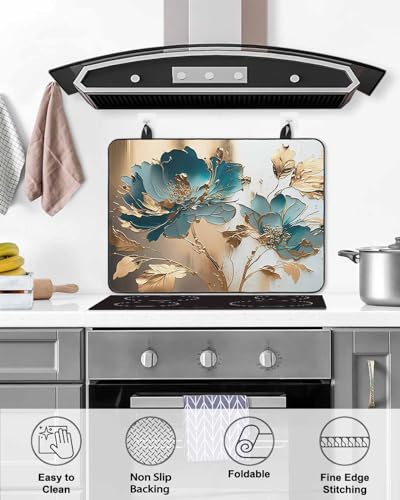 Teal Floral Blossom Gold Foil Leaves Induction Cooktop Protector Mat 24x21IN U654830