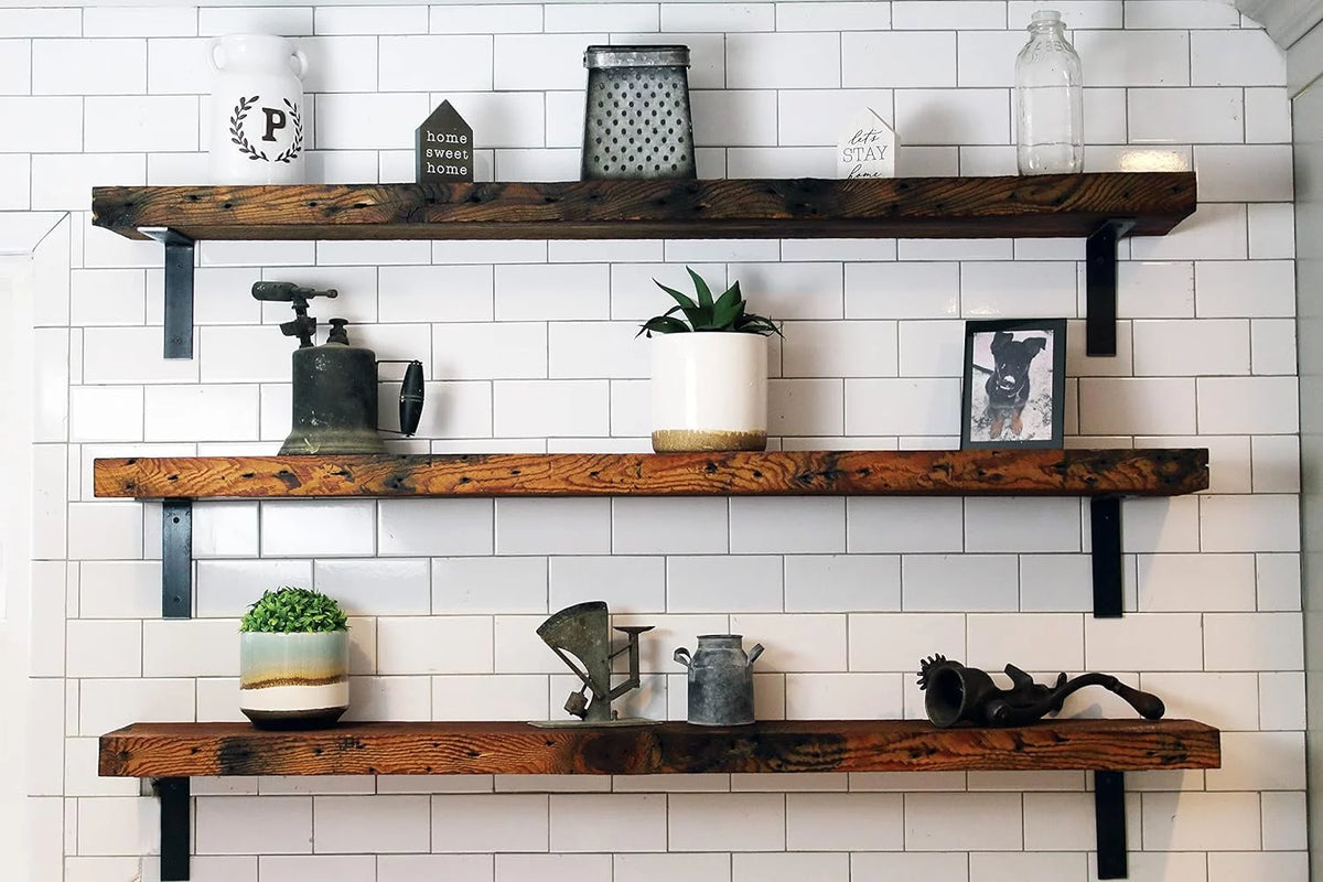 Reclaimed Wood Mantel Shelf with Steel Angle Brackets R132817