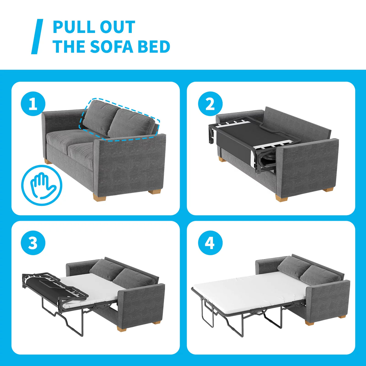 Grey Full Pull Out Sofa Bed with Memory Foam Mattress D9670