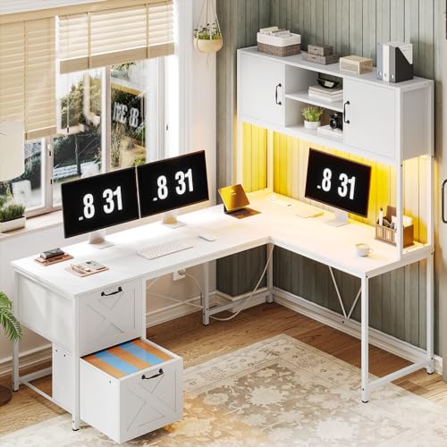 Black L Shaped Computer Desk with Fabric Drawers and Power Outlet T246