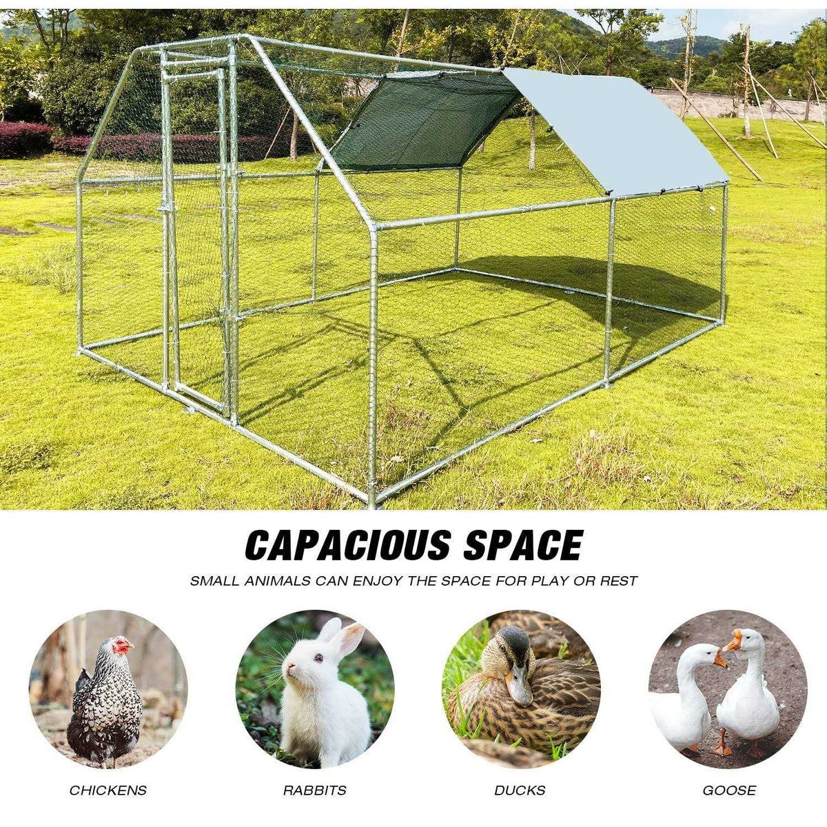 Large Metal Chicken Coop Walk-in Poultry Cage with Waterproof Cover O179381