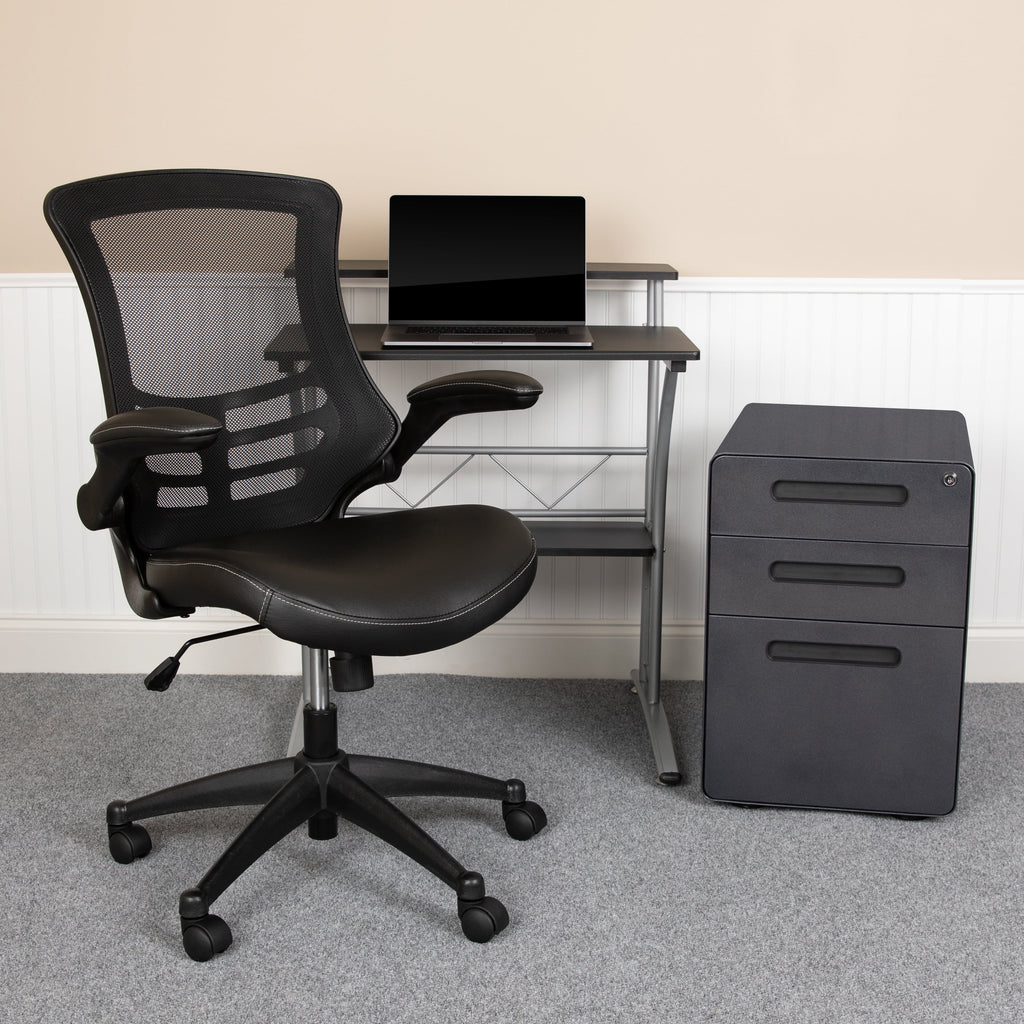 Black Computer Desk, Ergonomic Mesh Office Chair and Locking Mobile Filing Cabinet D76172