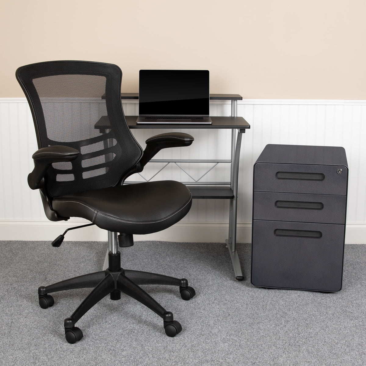 Black Computer Desk, Ergonomic Mesh Office Chair and Locking Mobile Filing Cabinet D76172