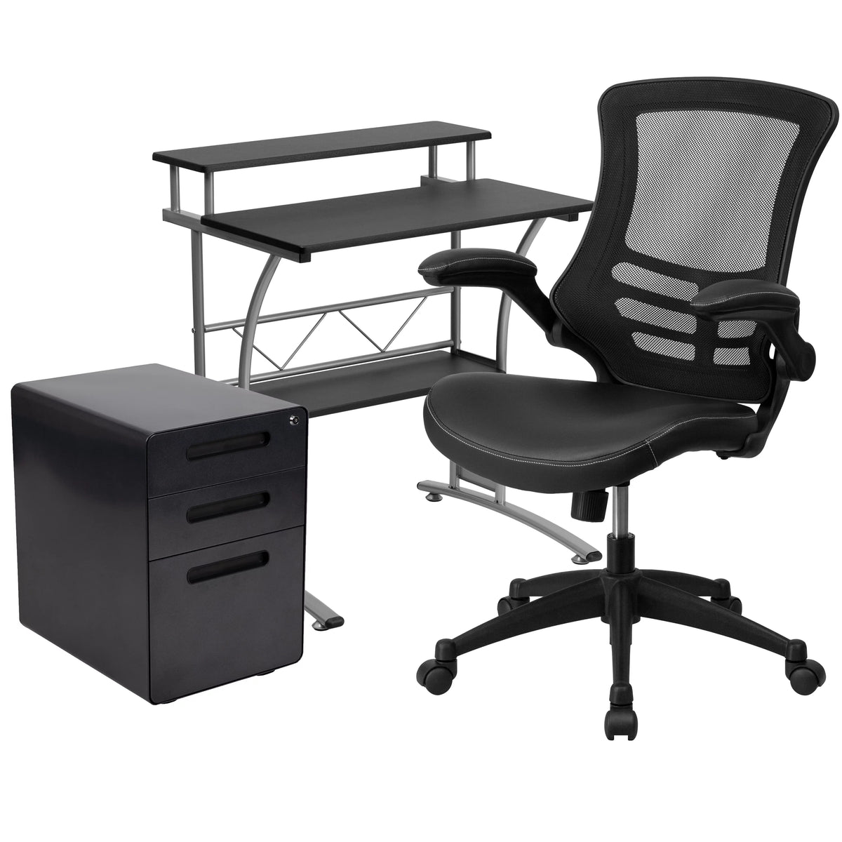 Black Computer Desk, Ergonomic Mesh Office Chair and Locking Mobile Filing Cabinet D76172