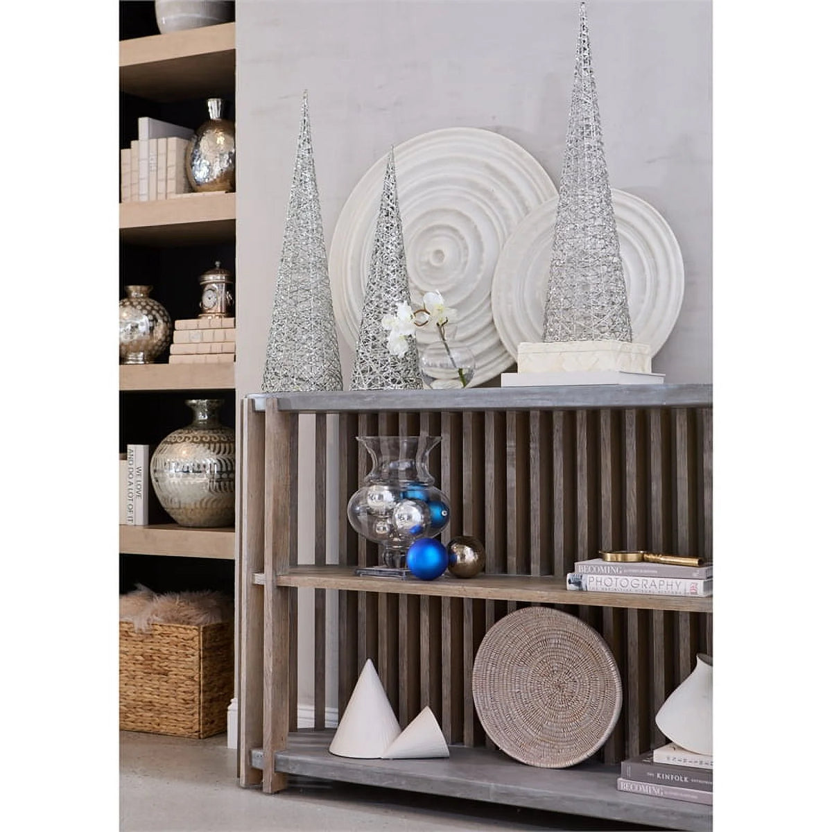 Wood Slat Display Console with Concrete Top N802