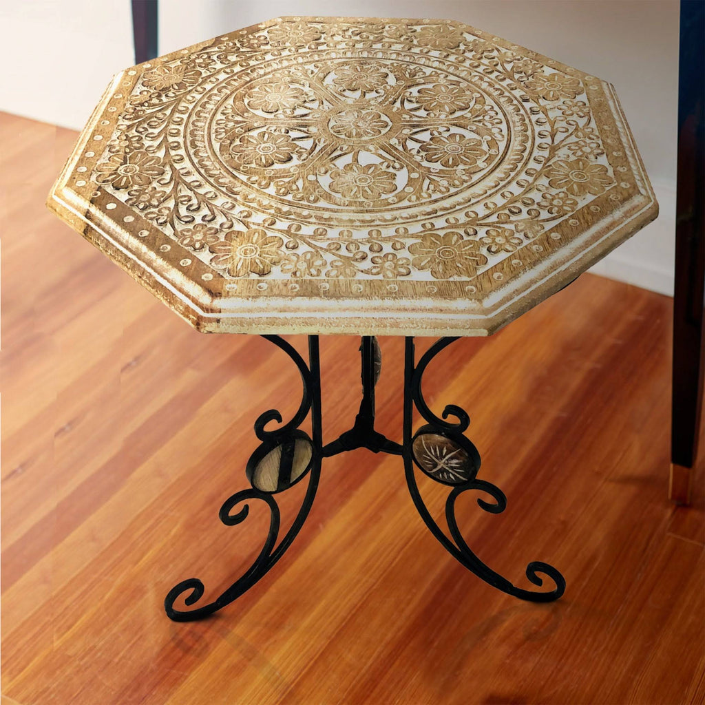 Octagonal Mango Wood Table with Scrolled Foldable Legs A500954