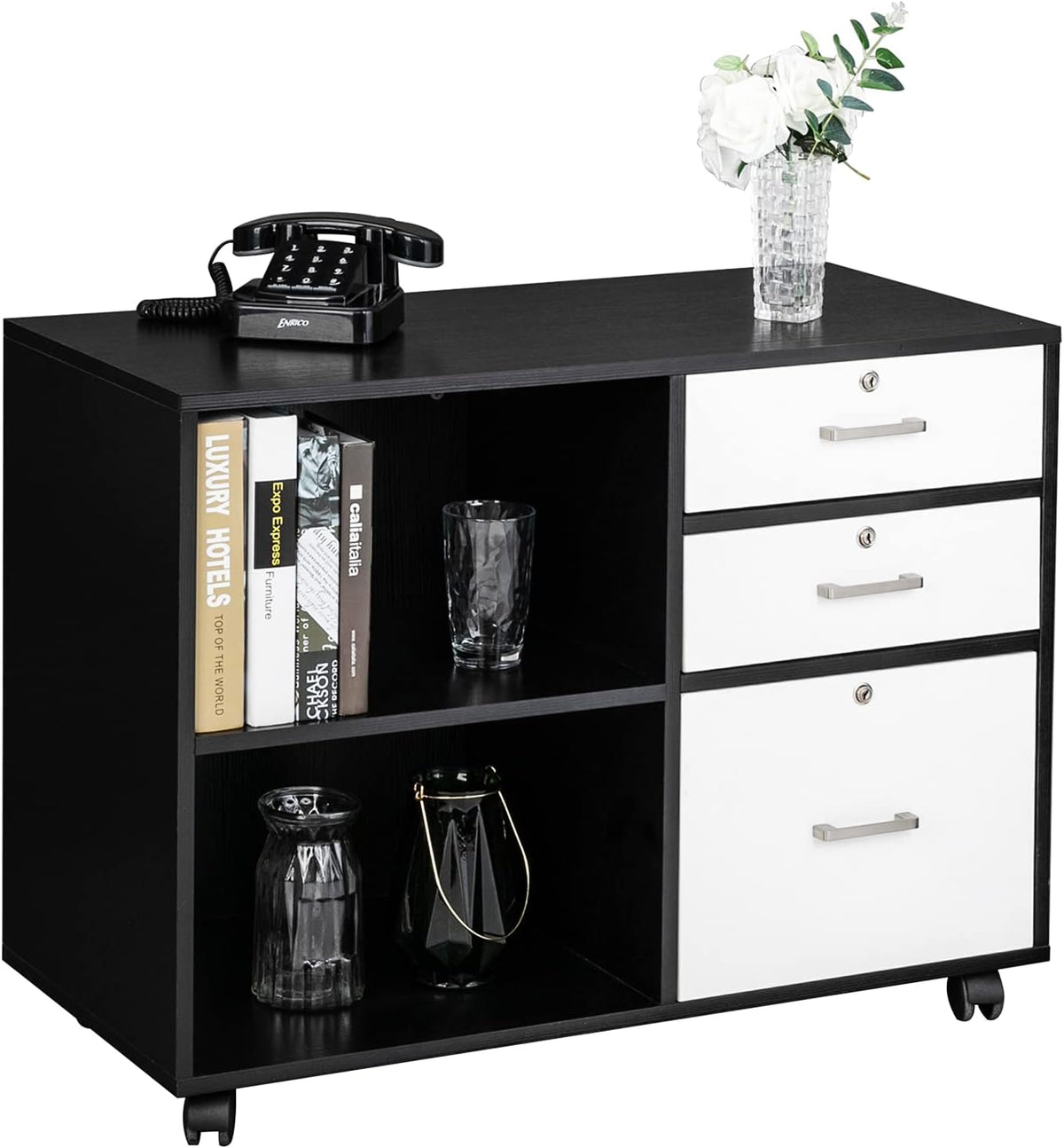 Black & White 3 Drawer Wood File Cabinet with Lock F474979