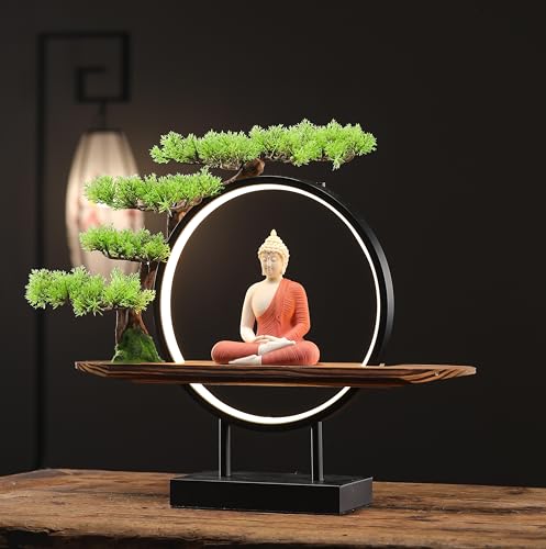 White Ceramic Buddha Statue with Green Artificial Tree and LED Circle Table Lamp, 16.5 in E362030